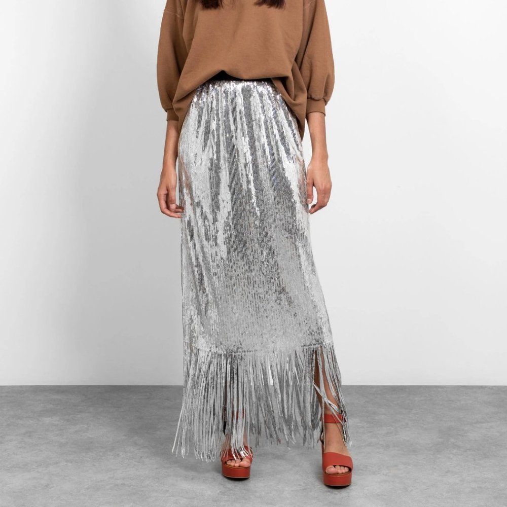 Rachel Comey Treadlight Silver Sequin Fringe Maxi Skirt 0 XS